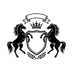Heraldic Emblem with Two Rampant Horses Supporting a Crowned Shield and Laurel Wreath, a Symbol of Nobility and Power