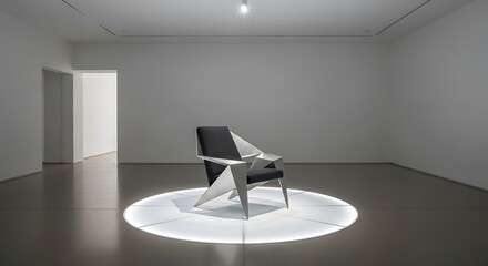 Modern art installation featuring a single chair illuminated by a spotlight