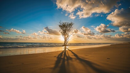 Sunrise illuminating the silhouette of a tree, highlighting seasonal change