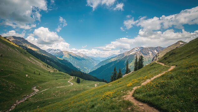 Mountain landscape during spring season, adventure and exploration theme