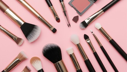 Various cosmetic brushes arranged on a pink surface, essential tools for skin care and makeup application