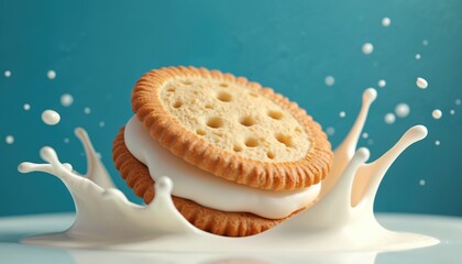 Delicious round sandwich cookie splashes into fresh white milk. Cream filled biscuit makes dynamic splash. Milk drops fly on vibrant blue background. Sweet snack product advertising, perfect for