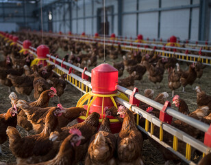 Brown hens around automatic feeder inside modern poultry farm