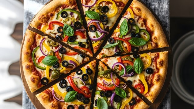 Delicious vegetarian pizza with red wine, perfect for a cozy dinner.