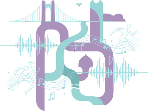 Dynamic abstract art merging urban bridges with running figures, music, and sound waves
