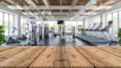 Wooden table and abstract blur in a modern fitness center, ideal backdrop for wellness discussions