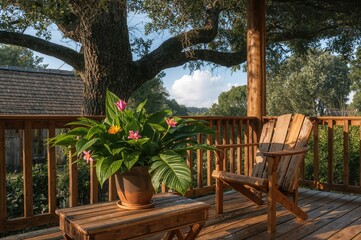 Obraz premium Indoor greenery with seating and a table set against an outdoor patio