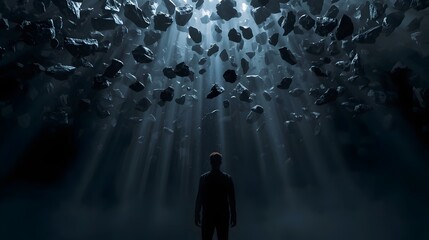 Cinematic Portrait Man Standing on Rocks in Dark Dramatic Blue Light