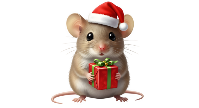 Adorable mouse wearing Santa hat holding Christmas gift box present