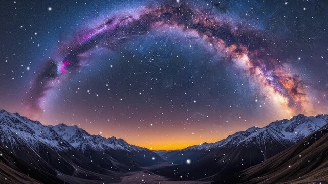 The milky way galaxy arches over snowcapped mountains at twilight, creating a breathtaking celestial panorama
