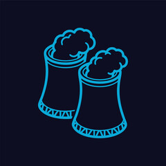 Dual Cooling Towers Outline Icon Vector Graphic Illustration Showing Industrial Power Plant Infrastructure Emitting Steam or Vapor Against a Deep Blue Background Perfect for Energy Concepts