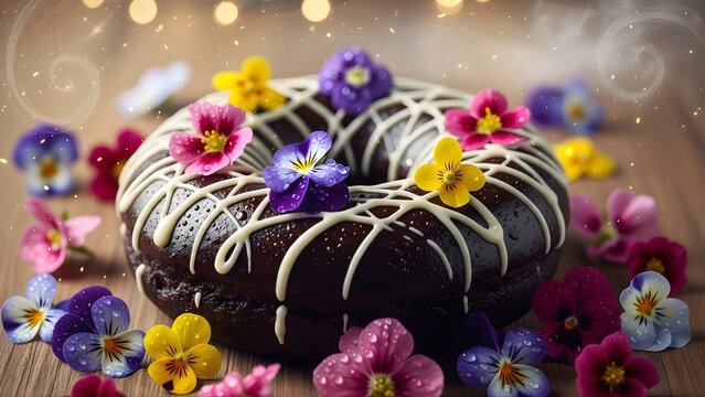 Delicious chocolate donut with elegant white icing swirl and stripe pattern, close-up.