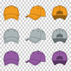 Colorful baseball cap vector set with front, side, back views