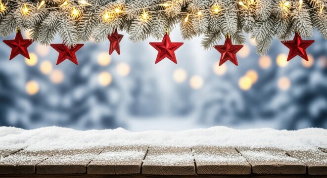 Festive christmas star ornaments hanging above snowy table isolated on white background