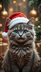 Christmas Cat in Santa Hat Cozy Holiday Portrait Green Eyes