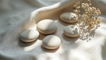 Stones lie on fabric with dried flowers. Light falls on stones. Elegant stones still life composition. Concept for spa, wellness, beauty product promotion or mindfulness meditation practices.
