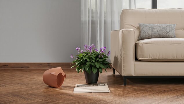 Broken pot with a plant on the floor next to a sofa in a living space, highlighting the risk of accidental damage