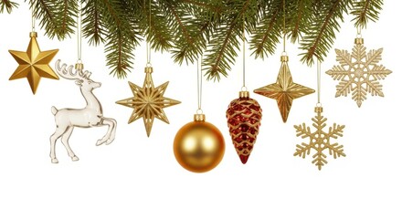 Assortment of festive christmas ornaments hanging isolated on white background