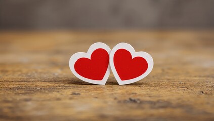Fototapeta premium Two red hearts on a vintage wooden surface, ideal for romantic themes