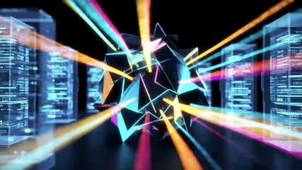 Vibrant geometric core radiating energetic light beams through a futuristic digital data environment, symbolizing technological interconnectedness and innovation - Powered by Adobe