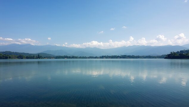 View over Begnas Tal towards soft blue hills, showcasing seasonal change