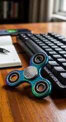 Fidget spinner resting on wooden desk near keyboard and notebook  