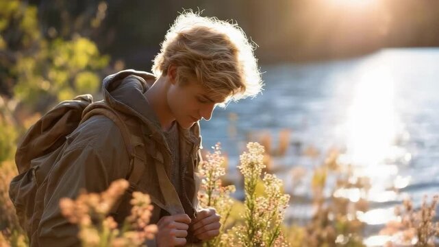 Backpacker adjusting straps in a sunlit lakeside meadow beside a calm lake.