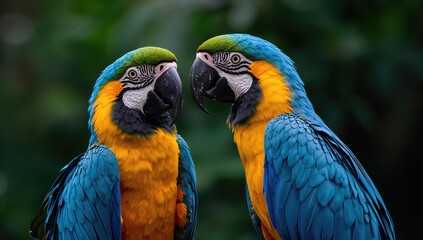 Fototapeta premium Two vibrant parrots perched together, showcasing colorful plumage, seasonal change