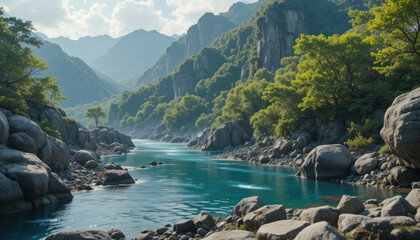 Turquoise river flowing through a rocky mountain valley