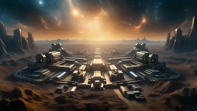 Futuristic industrial complex established on a remote exoplanet during a breathtaking celestial dawn
