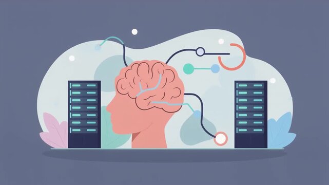 Conceptual illustration of an artificial intelligence brain processing data between server networks, representing advanced machine learning and cloud computing technologies