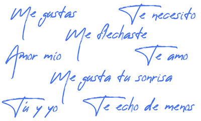 Romantic spanish expressions in blue cursive handwriting. Te amo, Me gustas, Amor mio and other popular phrases. Hand drawn love theme phrases isolated on white background