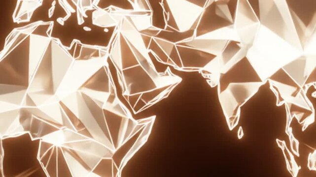 World map constructed from polygons on brown background; digital render