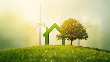 Greenhouse symbol featuring a wind turbine and tree in a meadow, emphasizing sustainability and environmental awareness