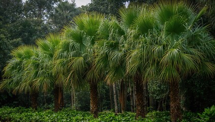 Obraz premium Row of palm trees in a dense tropical forest, showcasing seasonal change