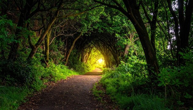 Magical forest path bathed in golden sunlight with glowing particles illuminating the lush green trees and foliage creating an enchanting ambiance.