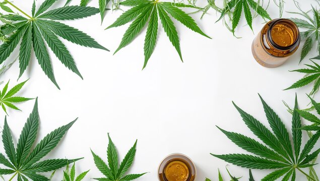 Cannabis displayed on a white background alongside jars of cannabis oil extracts and green plants, beneficial for medicinal and herbal use