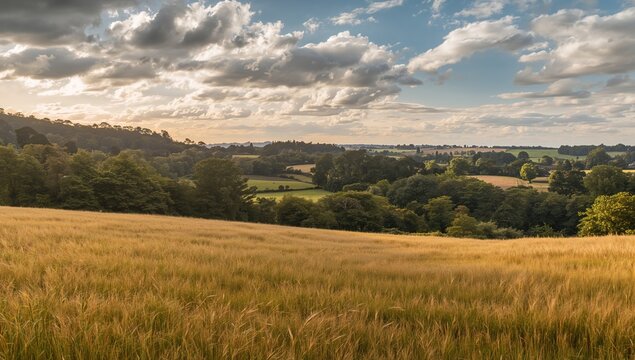 Rural Devon landscape featuring a cloudy sky, forested area, and expansive wheat field, seasonal change