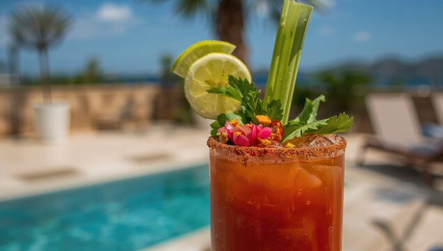 Close-up of a Bloody Mary cocktail garnished with a celery stick and spiced rim, enjoyed by the poolside on a sunny afternoon, leisure ambiance