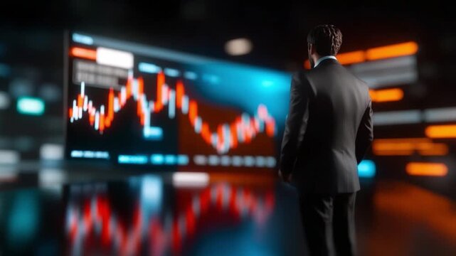 Market Analyst's Predicament: A lone professional, clad in a formal suit, stares intently at a fluctuating market graph displayed on a large screen, pondering the direction of the market's trajectory.