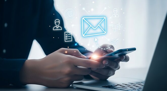 A person using a smartphone with email and communication icons floating above the screen for connection.