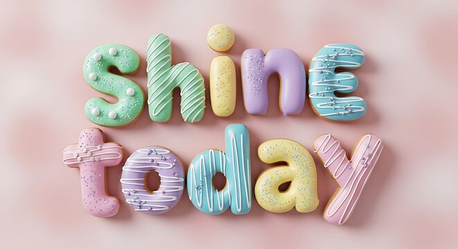 Colorful Donut Letters Spell Shine Today on Soft Pink Background - Powered by Adobe