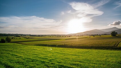 Fototapeta premium Bright rural landscape featuring farm fields and meadows, suitable for editorial header background