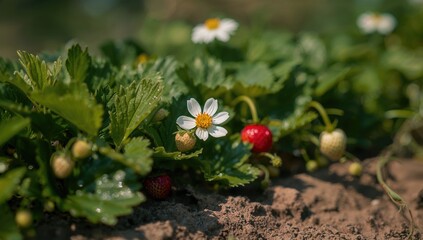 Strawberry blossoms blooming in a vegetable garden during springtime, seasonal change