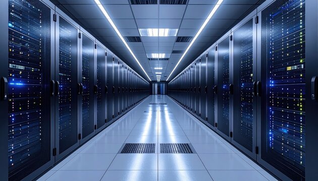Modern Data Center Server Room With Rows of Racks Illuminated by Blue LED Lights and White Ceiling Lights Reflecting on the Polished Floor