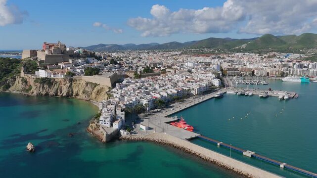 Aerial View of Dalt Vila (Eivissa Old Town) and the Busy Boat and Ferry Marina in Ibiza, Balearic Islands	