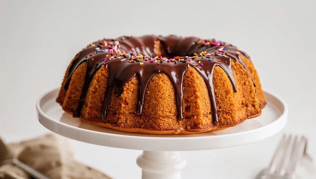 Orange bundt cake topped with dark chocolate ganache and sprinkles, indulgent treat for celebrations