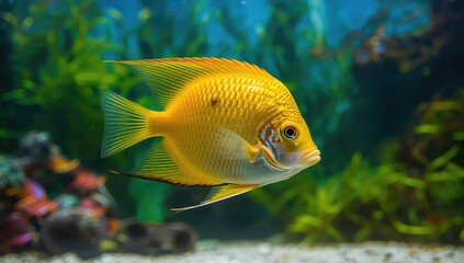 Yellow angelfish guarding eggs in aquarium, aquatic safety behavior