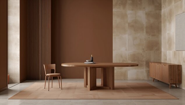 Dining table and chair in a brown and beige room, suitable for editorial header background
