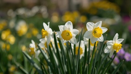 Obraz premium Narcissus flowers in a garden, vibrant blooms signaling seasonal change